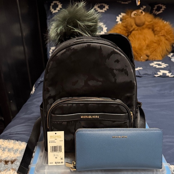 Michael Kors Black Backpack with Blue Wallet and Green Pom-Pom - Picture 1 of 7